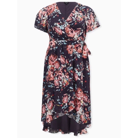 🆕 Swiss Dot Floral Grey Faux Wrap Dress 10 M L NWT Torrid 00 New! - Picture 6 of 12